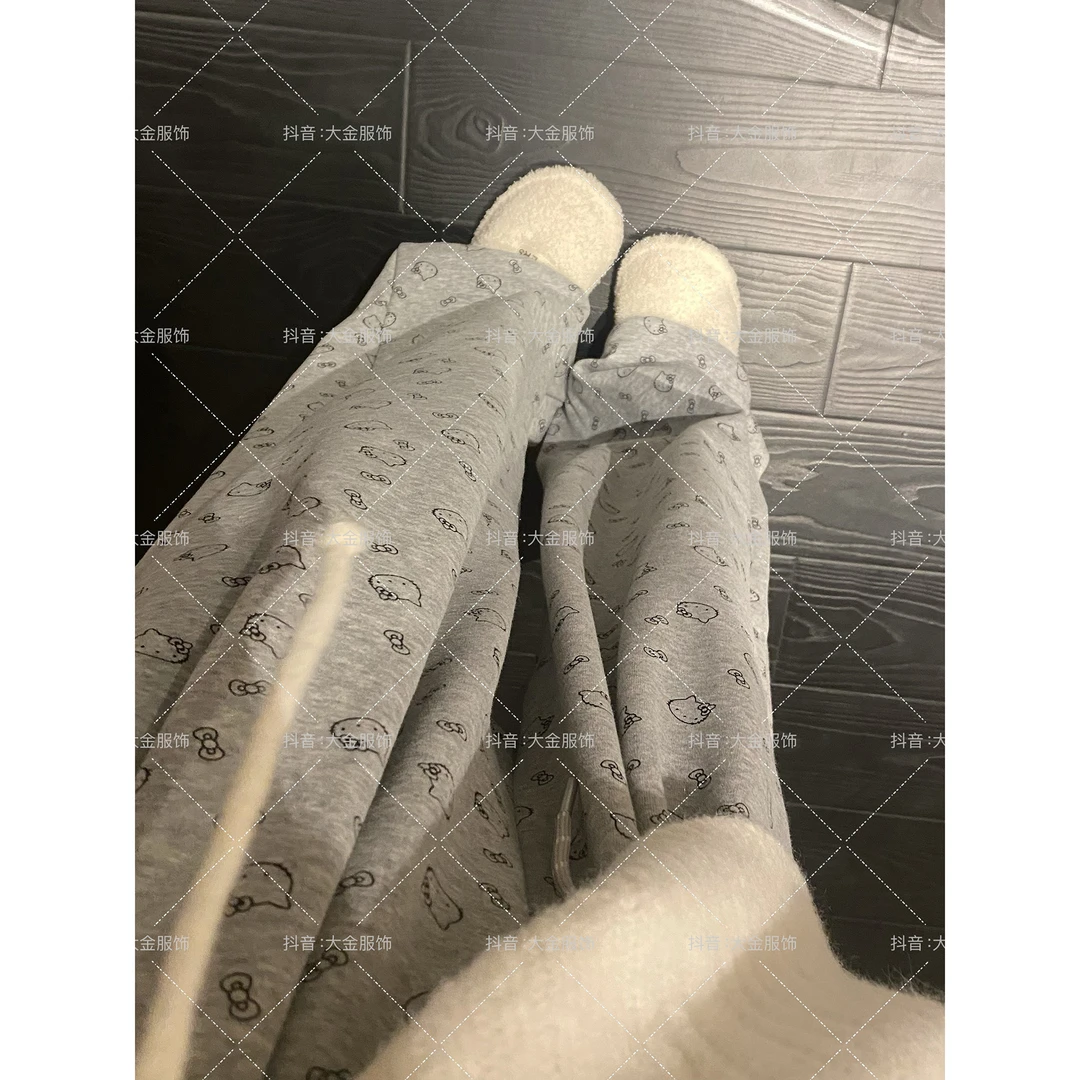 【猫咪印花 阔版休闲阔腿裤】春季显瘦气质时尚休闲裤高腰设计感