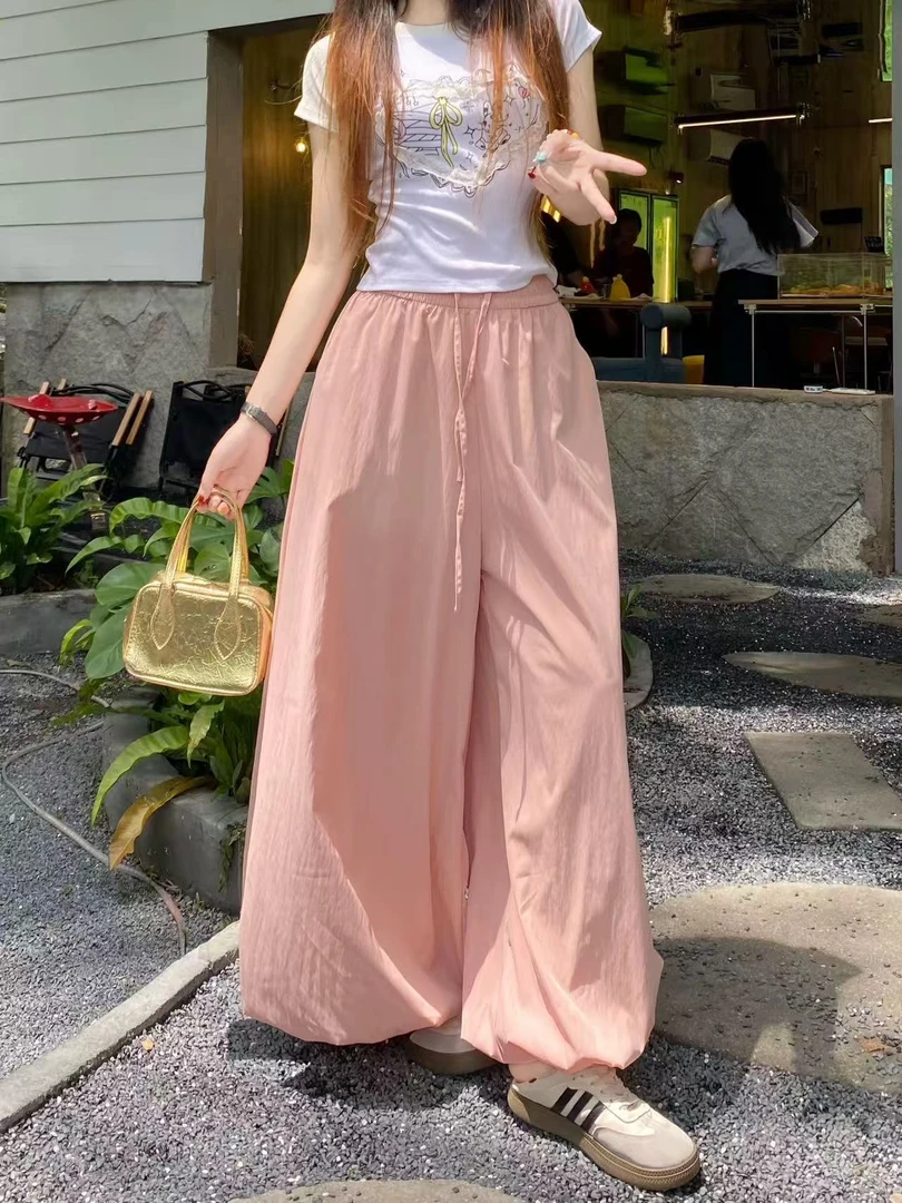 松紧腰抽绳灯笼裤女夏季裤子纯色宽松阔腿休闲裤小个子长裤