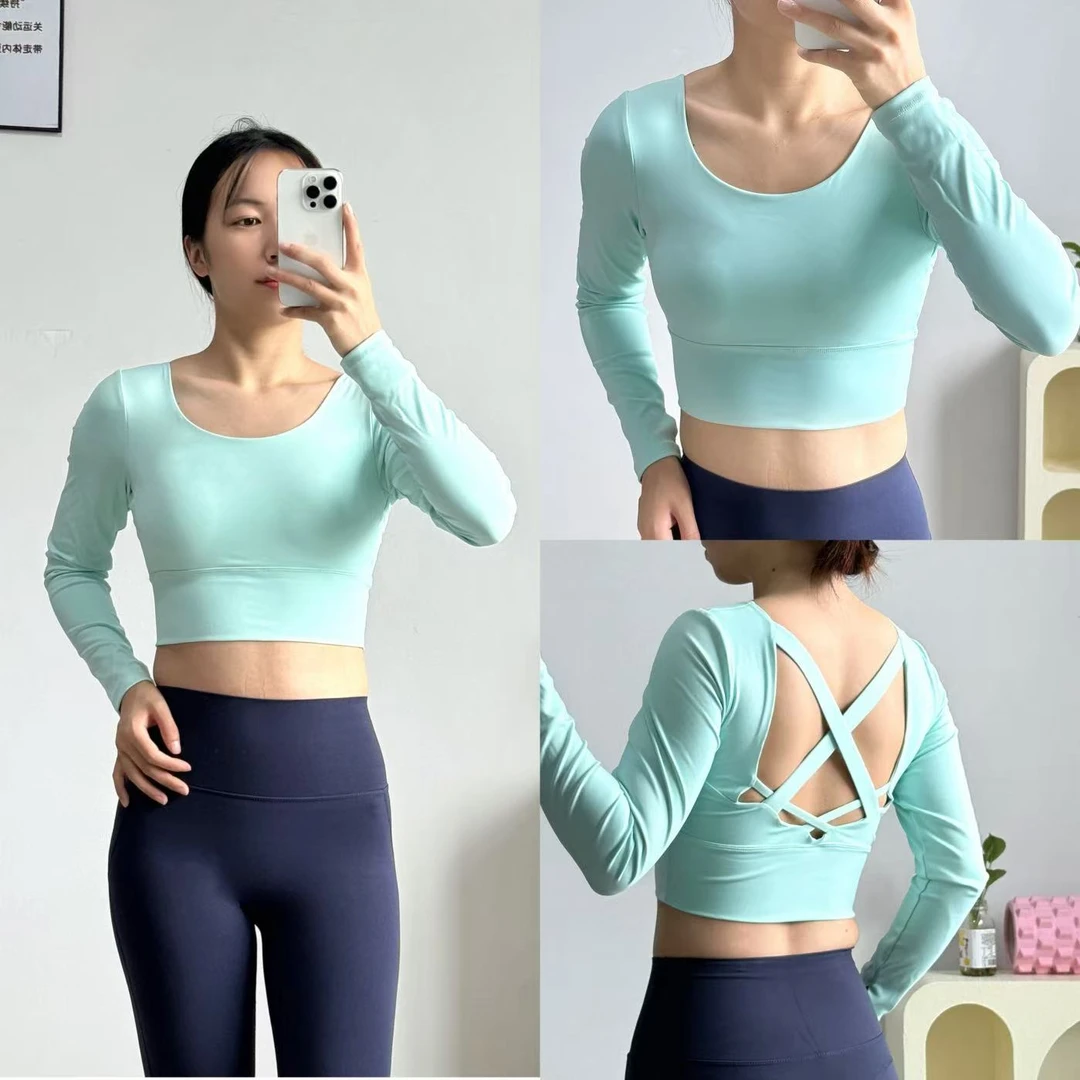 2025新款瑜伽服女秋冬长袖固定胸垫健身普拉提运动上衣训练服套装