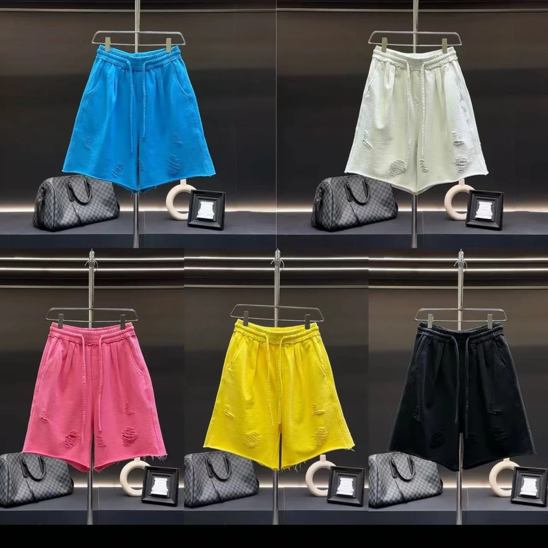 情侣夏季简约棉感透气破洞磨破短款个性松紧腰休闲宽松纯色五分裤