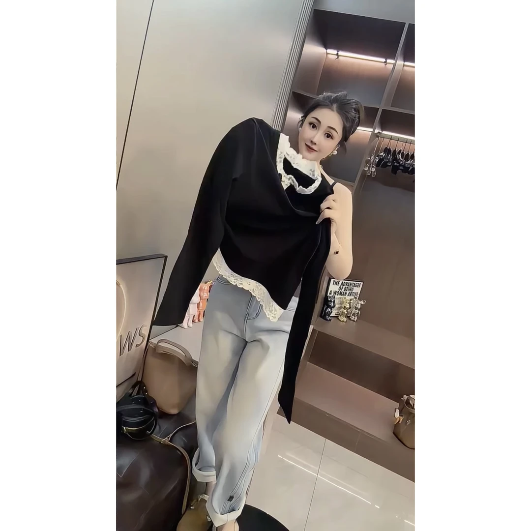 法式设计感蕾丝拼接假两件长袖T恤女百搭修身显瘦打底衫洋气上衣