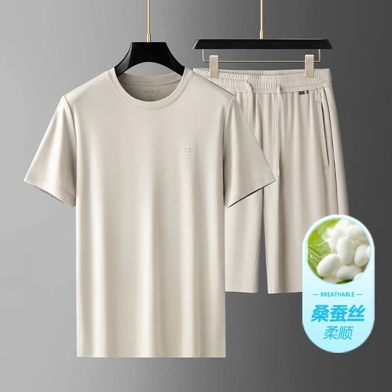 【高端桑蚕丝】夏季薄款男士休闲套装纯色圆领透气中老年时尚两件套