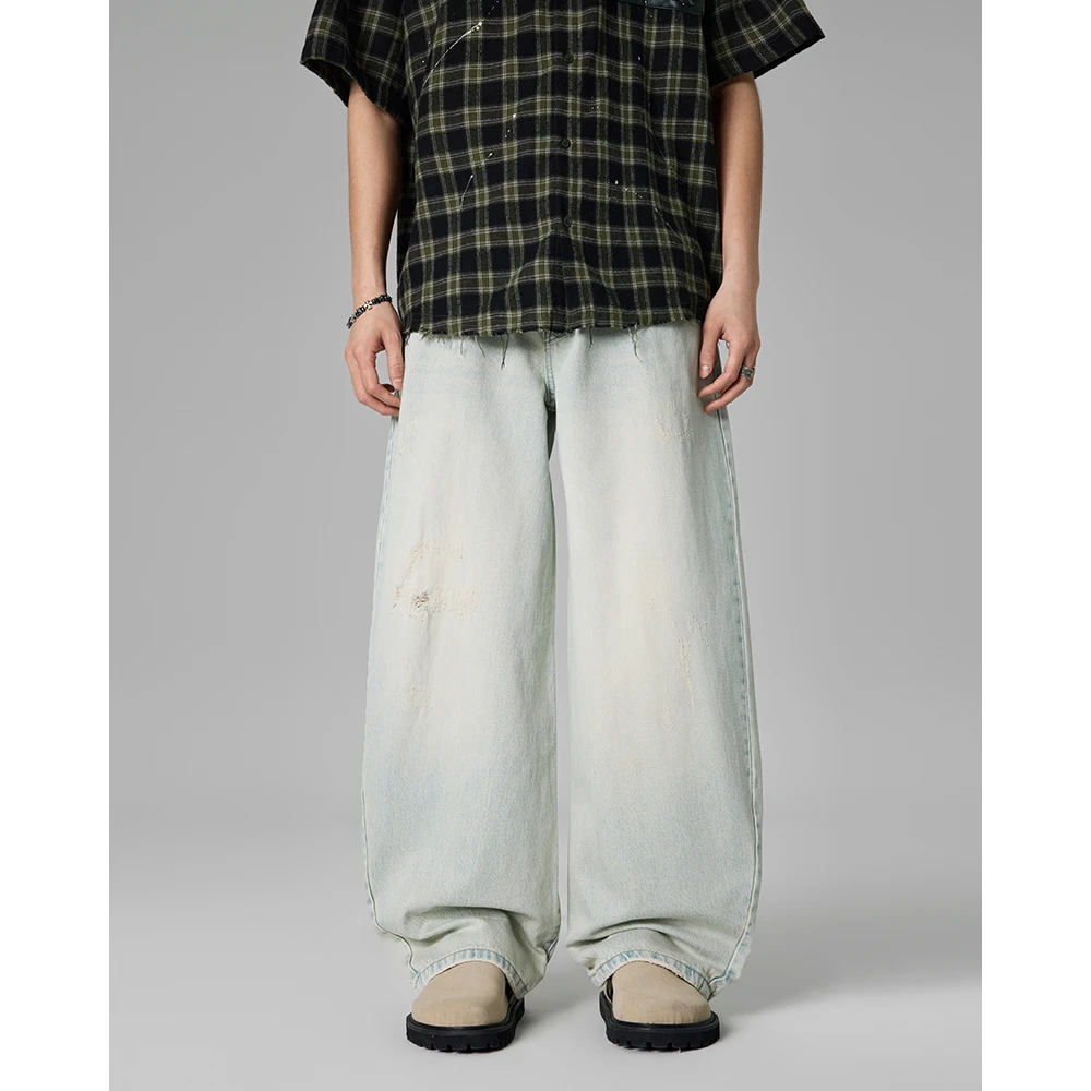 Kuvine夏季新款美式简约风baggy弯刀裤宽松百搭浅色水洗牛仔裤男