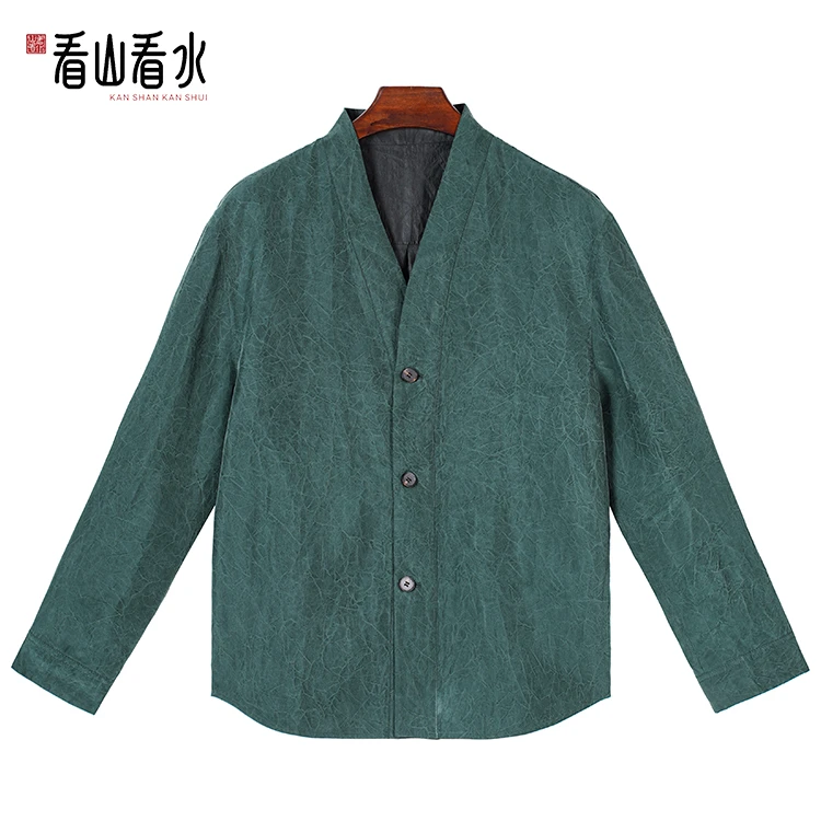 【看山看水】99712红云纱男装桑蚕丝龟裂纹对襟衬衫中式休闲上衣