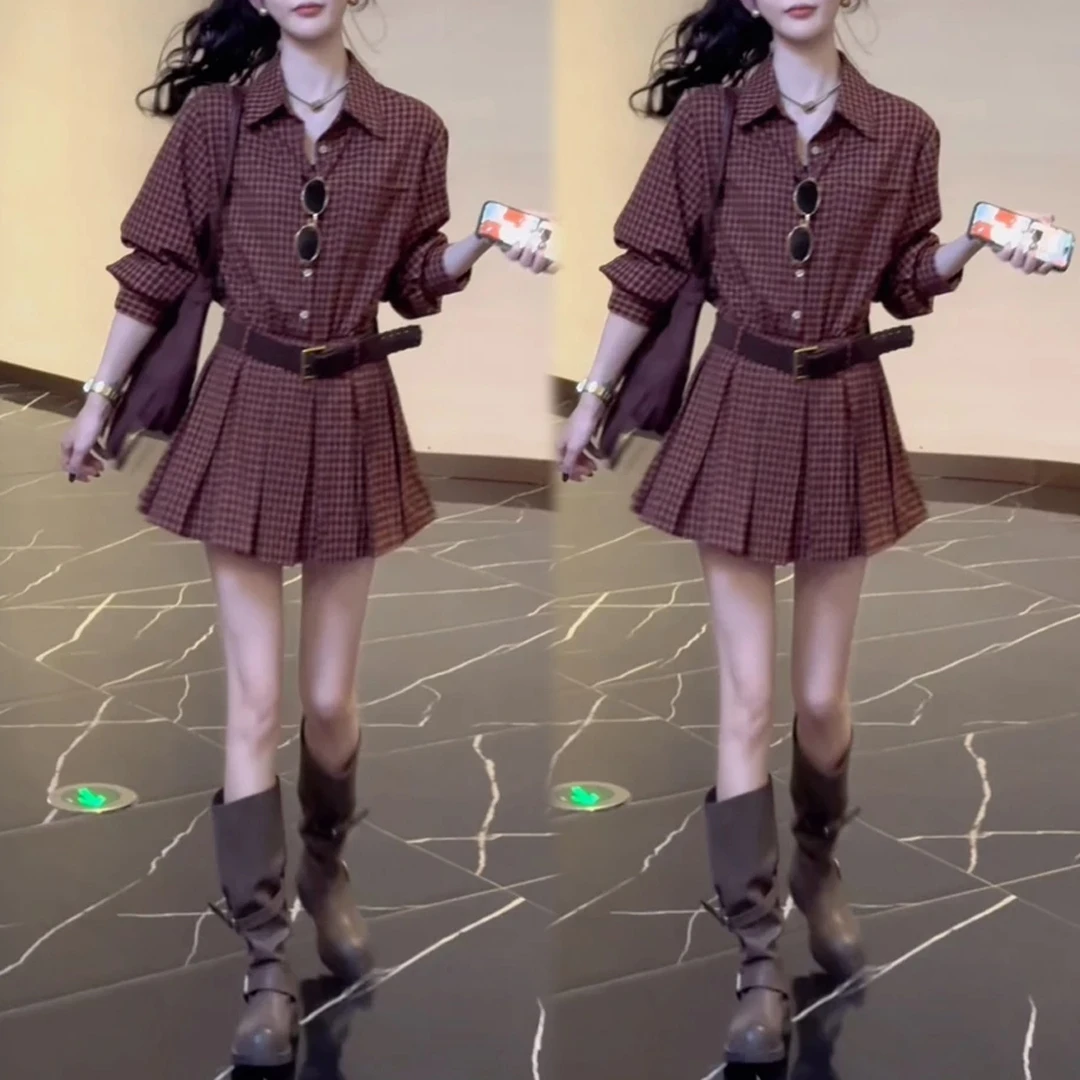 网红洋气炸街套装女2025年春秋新款收腰格子长袖衬衫半身裙两件套