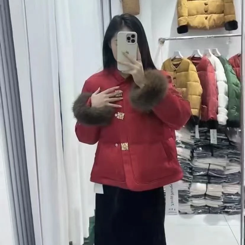 2024冬季新中式浮雕提花可脱卸毛毛袖复古国风一体棉服外套