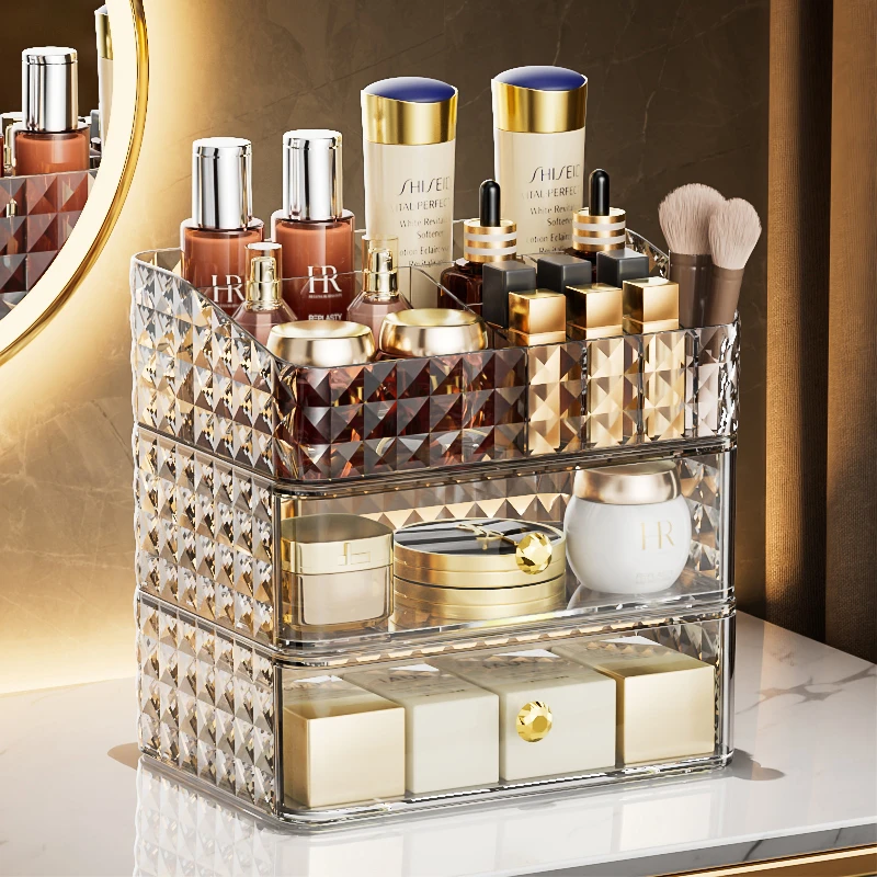 轻奢化妆品收纳盒高级台面护肤品置物架抽屉式分格梳妆台化妆收纳