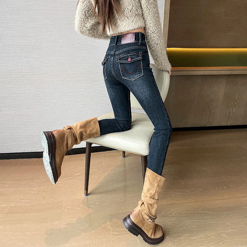 撞色高腰小脚牛仔裤女深蓝色紧身收腹提臀修身弹力加绒长裤秋冬季