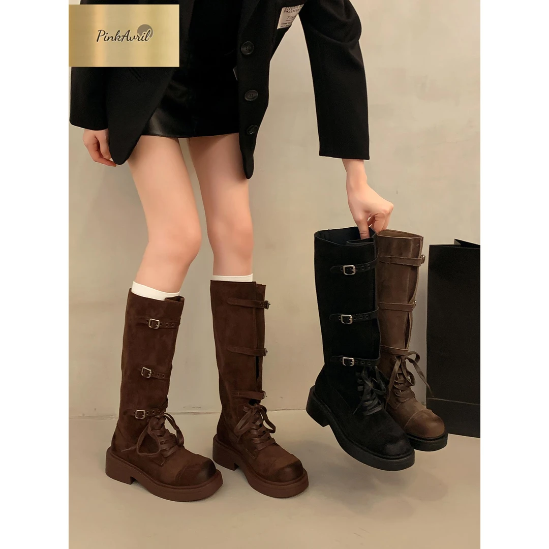 PinkAvril擦色复古系带马丁靴皮带扣长靴女2025秋冬季新款高筒靴