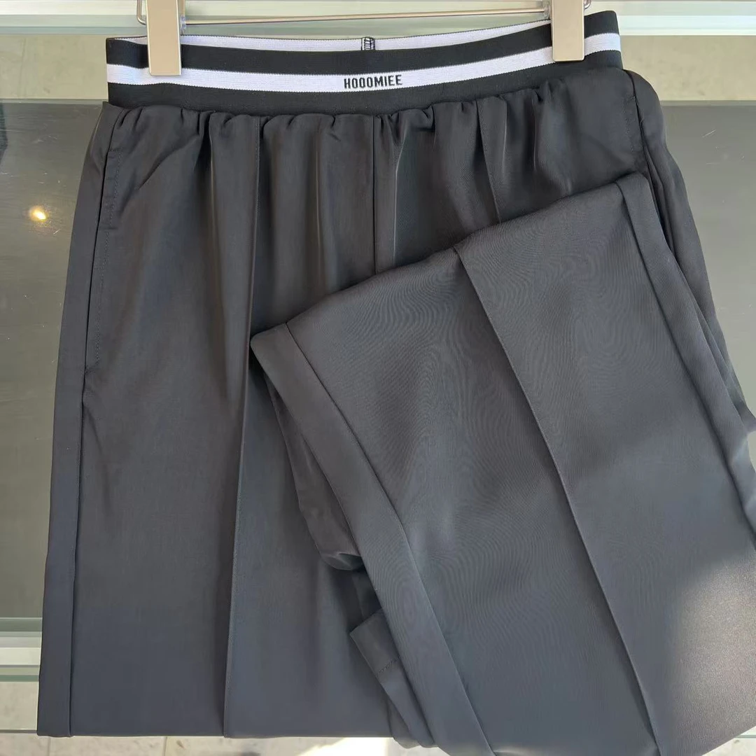 【绘梦织】夏季新品松紧设计百搭撞色高腰黑色休闲裤直筒裤女220015