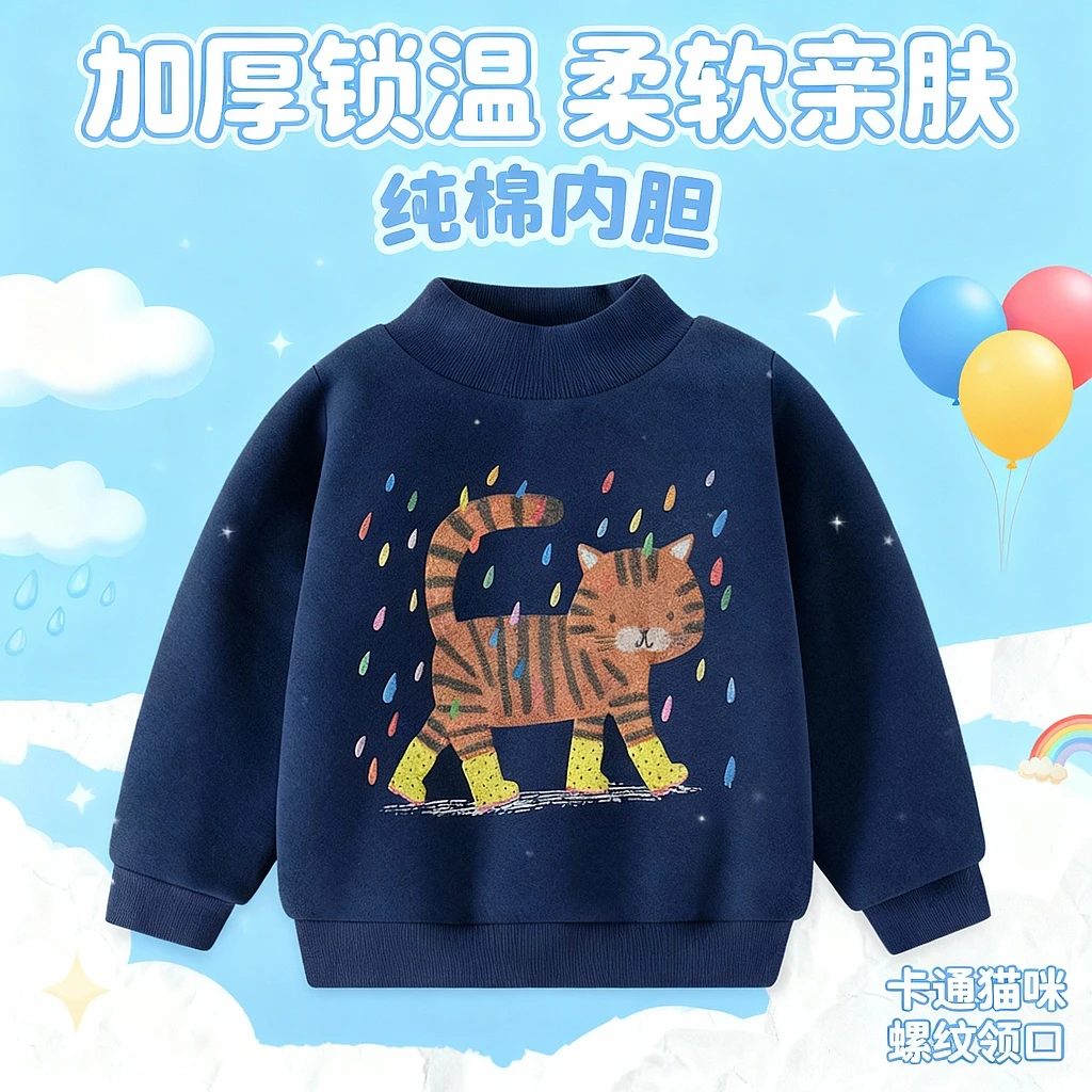 儿童加厚秋冬卫衣保暖双层棉内衬上衣加绒半高领男童卡通猫咪冬装