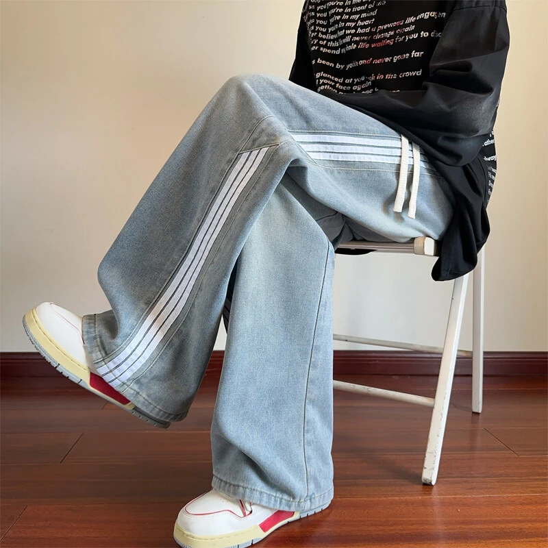 三条杠浅蓝色牛仔裤男士夏薄款美式潮牌阔腿长裤宽松直筒休闲裤子