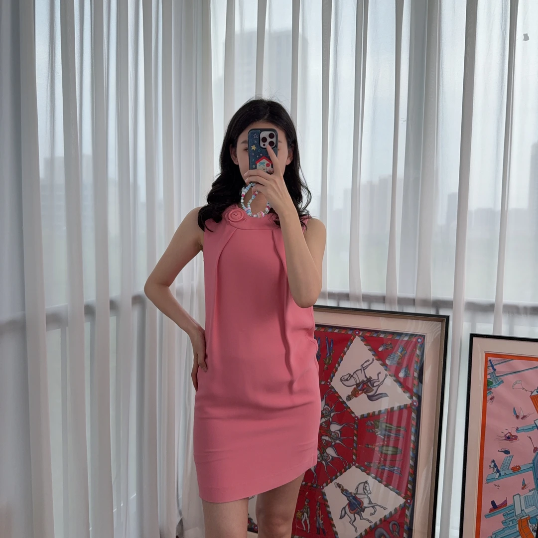 95新 MIU MIU/缪缪 麦殿/棉麻背心群38码粉色/250402VDYFY03