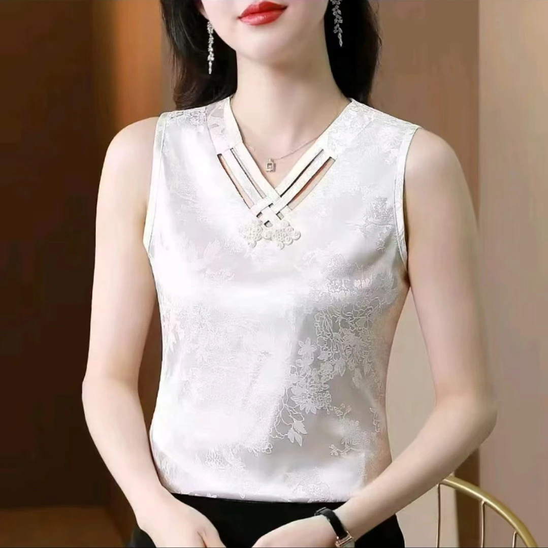 新中式国风吊带背心女外穿夏大码胖mm显瘦缎面打底衫v领内搭上衣