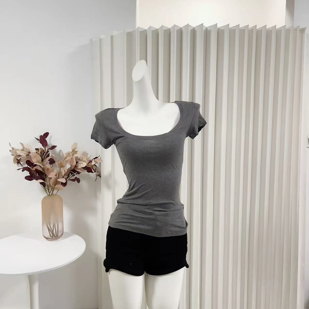 简约纯色大U领薄款短袖T恤女慵懒显瘦上衣夏季