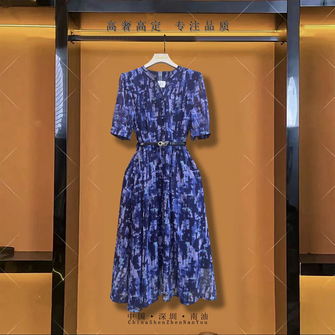 [深圳南油高定]夏季新款高端轻奢气质V领显瘦高级感连衣裙W1157