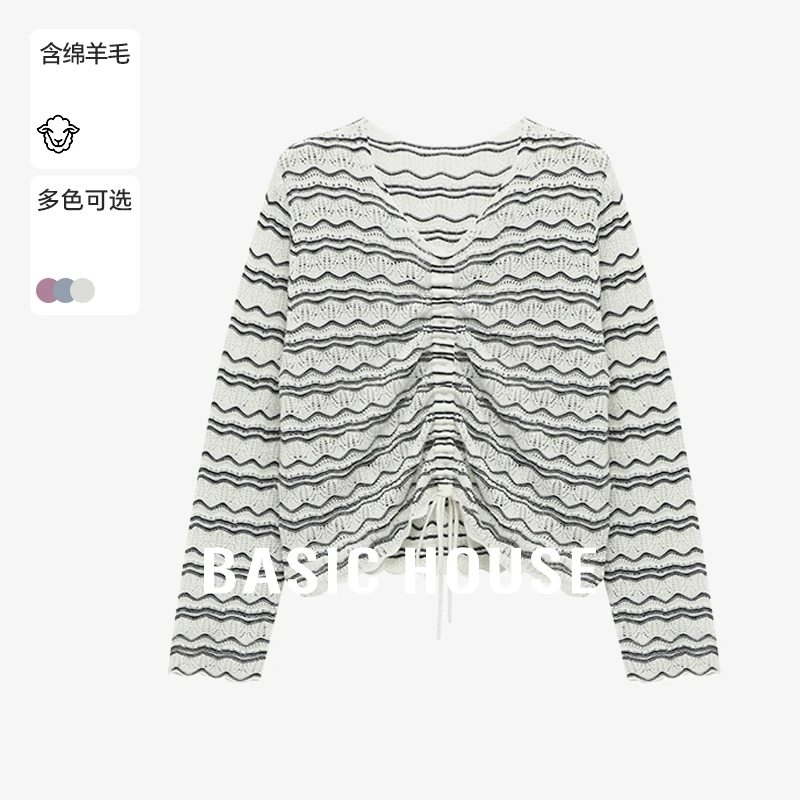 Basic House/百家好纯欲慵懒风格纹时尚显瘦针织衫-B0625B5JJI2