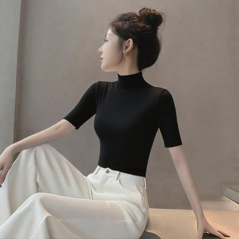 2025新款夏季半高领中袖T恤黑色外穿修身五分袖设计感纯棉上衣秋