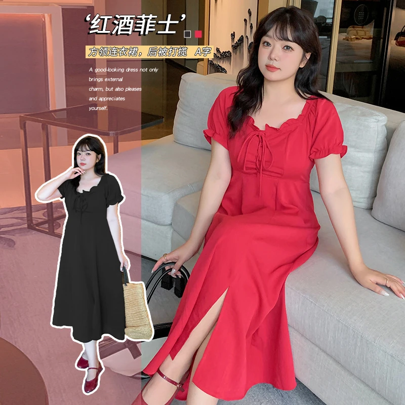 大码法式方领泡泡袖连衣裙夏季新款订婚结婚敬酒服小红裙240444