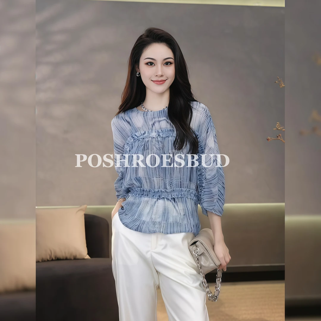 POSHROSEBUD【晴山蓝】褶皱宽松撞色百搭显瘦气质女装上衣衫-LT0314