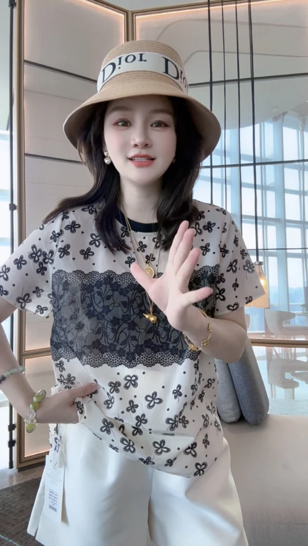 【丝芙玉禄】（F968）真丝双绉蕾丝图案气质时尚显瘦桑蚕丝t恤上衣