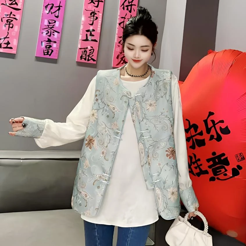 2025高级感新中式两件套复古圆领马双盘扣百搭夹棉马甲显瘦套装