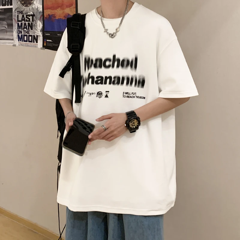 t恤男潮牌潮流纯棉衣服夏季模糊字母印花重磅美式男装男生短袖t恤