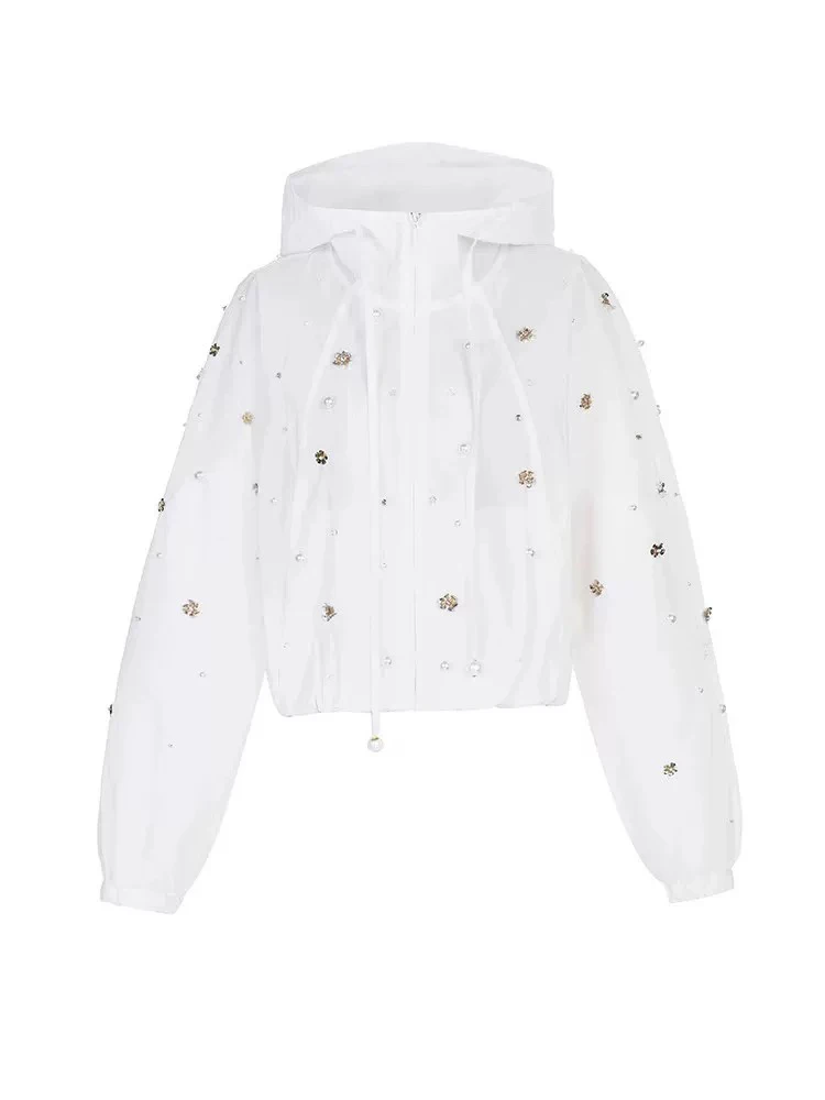 花颜颜夏季新款时尚轻薄透气钉珠外套宽松女士双色上衣