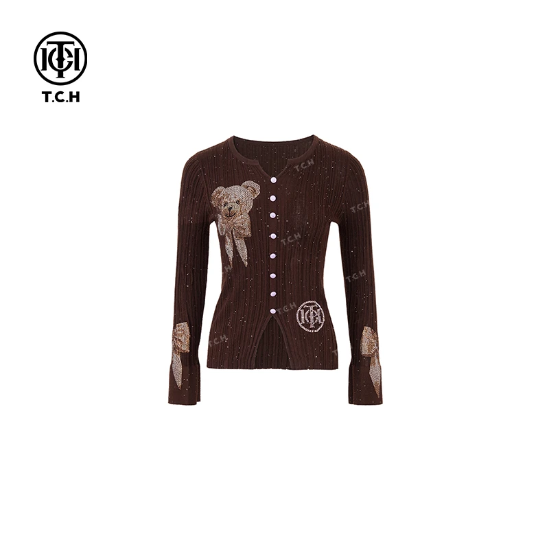 -TCH潮牌轻奢蝴蝶结洋气小熊烫钻衣服工艺针织开衫T75A09E5002