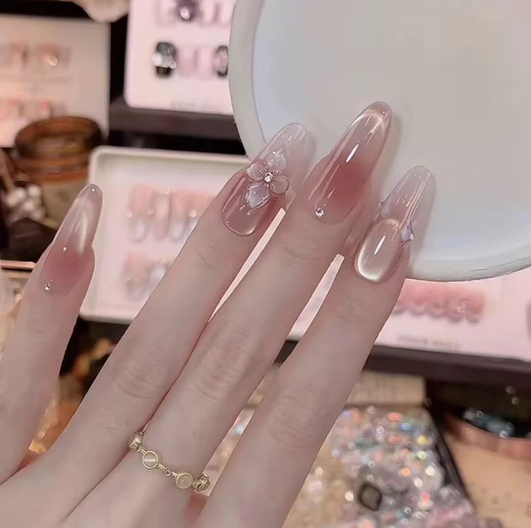 【冰冻花】纯手工穿戴甲裸色冰透猫眼美甲贴片显白款式