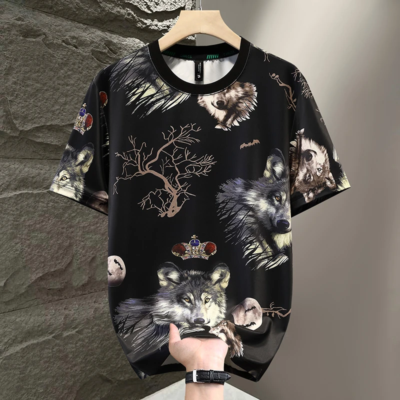 薄款夏季男士半袖冰丝短袖修身狼头提花休闲欧版凉感圆领T恤潮流