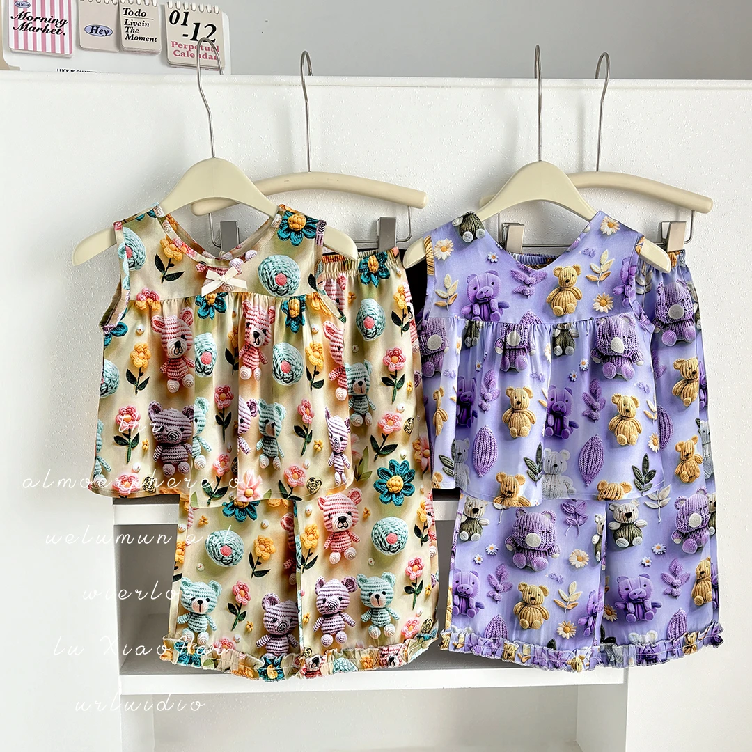 2025新款8D数码印花无袖裤裙女童套装时尚可爱碎花两件套