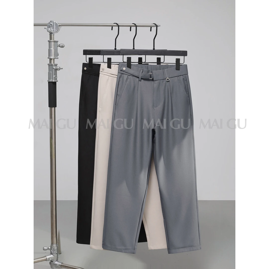 【MAIGU】夏季回形扣设计休闲西裤抗皱垂感醋酸羊毛混纺直筒长裤男