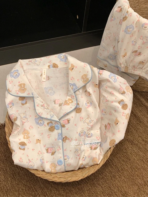 【奶油小狗】韩版可爱卡通小狗印花短袖睡衣女夏季透气家居服套装