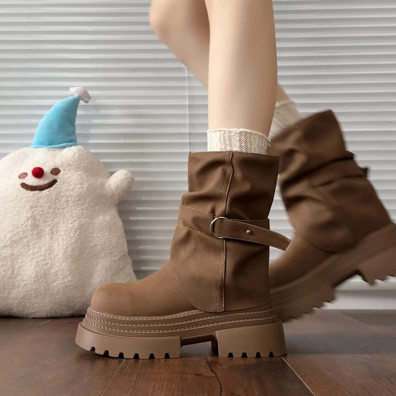 网红爆款厚底裤管靴女2025秋冬新款炸街甜辣美拉德粗跟复古马丁靴