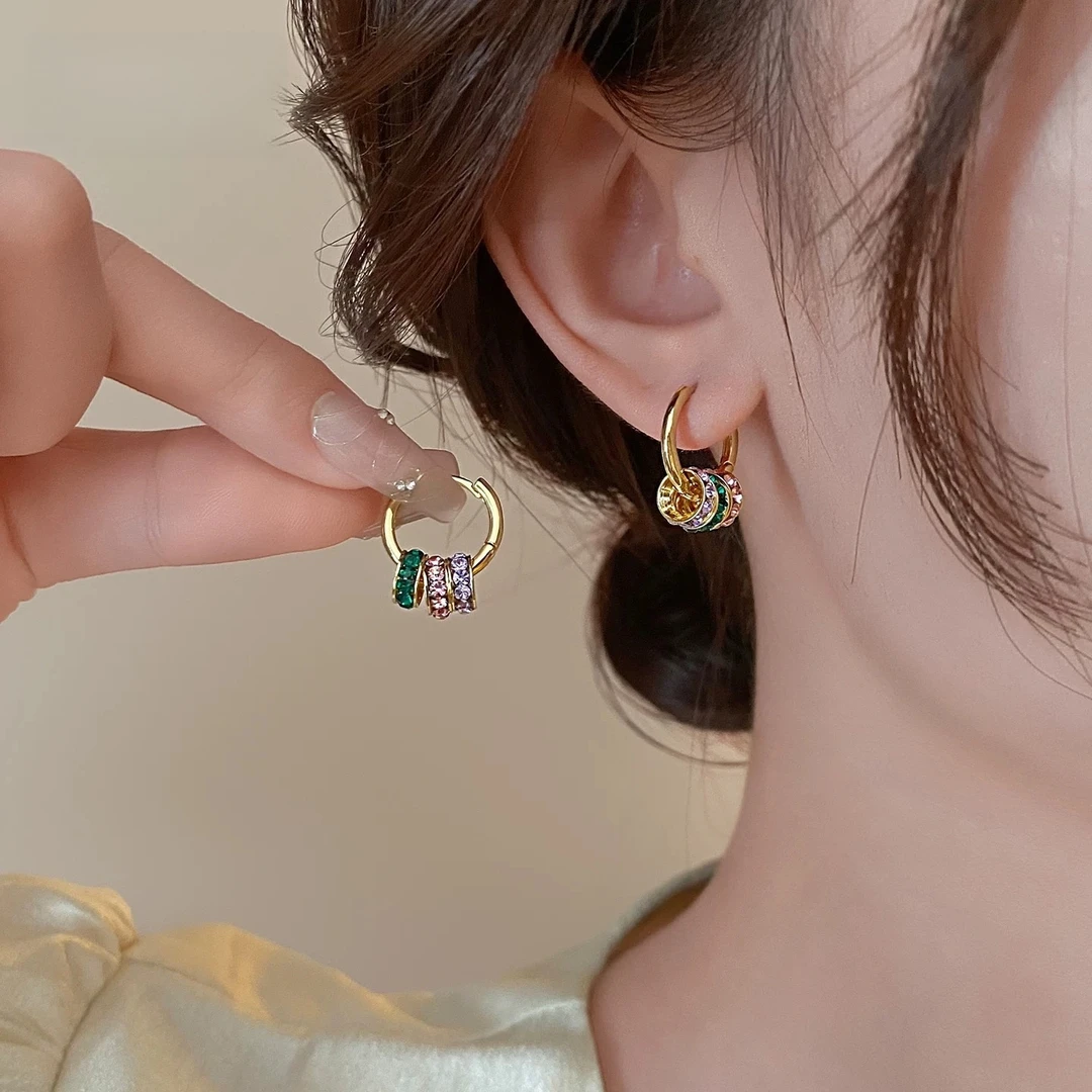 铜合金耳饰 法式三色彩色串珠耳环圈圈轻奢高级感独特耳饰F2366