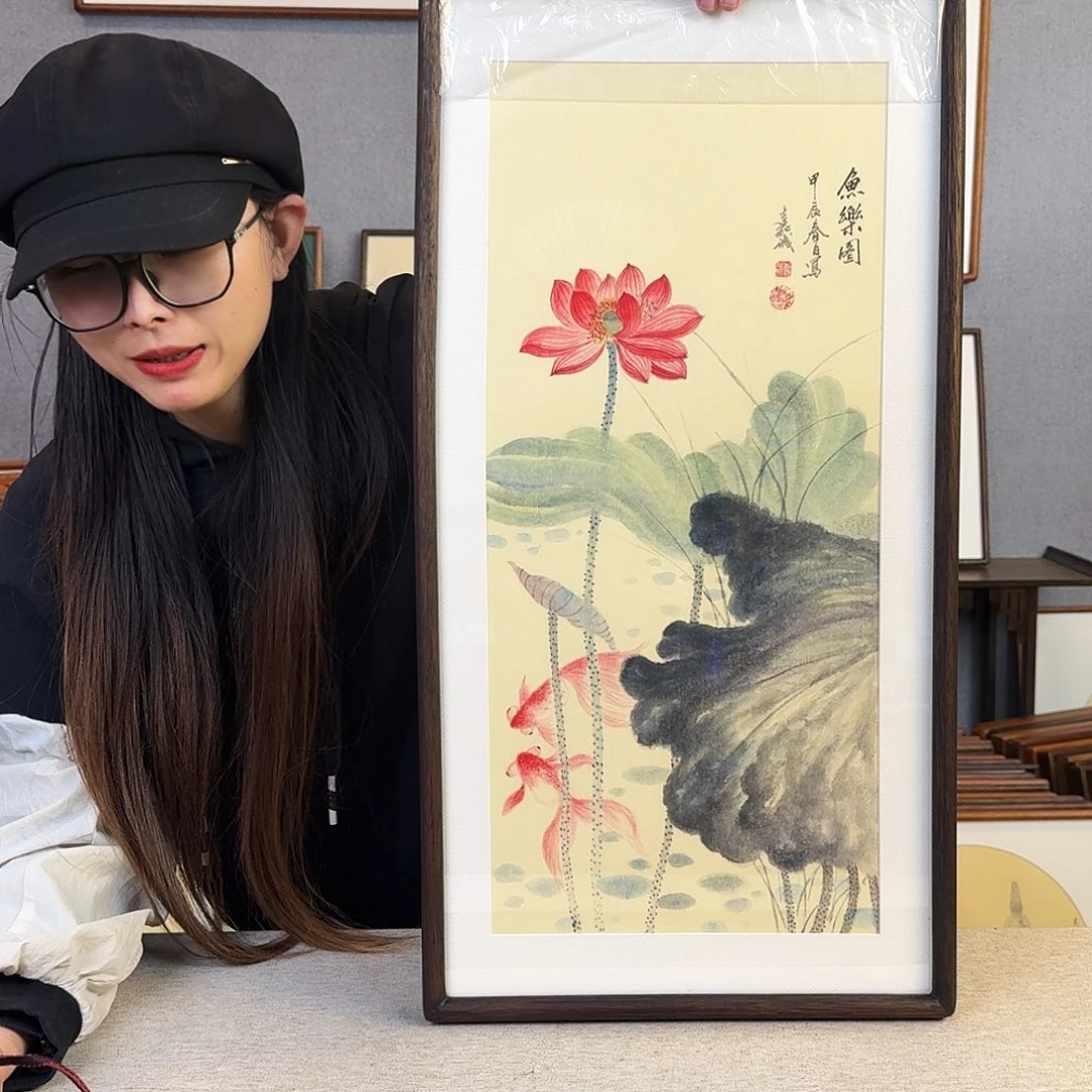 国画纯手绘，纯手写带框尺寸：36×69厘米