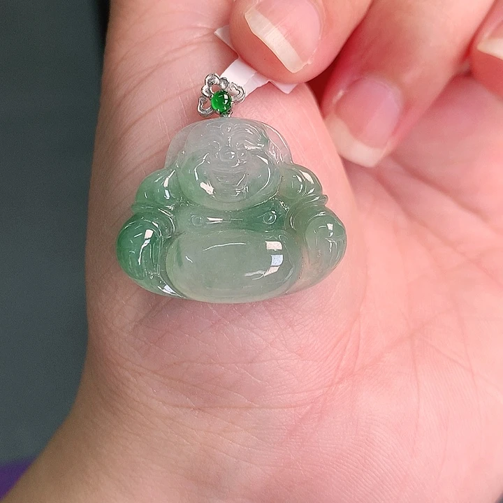 翡翠18K金镶嵌颈饰冰胶飘绿佛公22-27-5