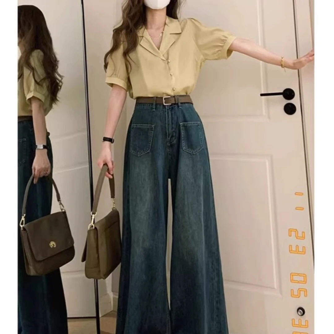 胖妹妹阔腿牛仔裤女秋季新款复古设计感高腰长裤慵懒风宽松牛仔裤