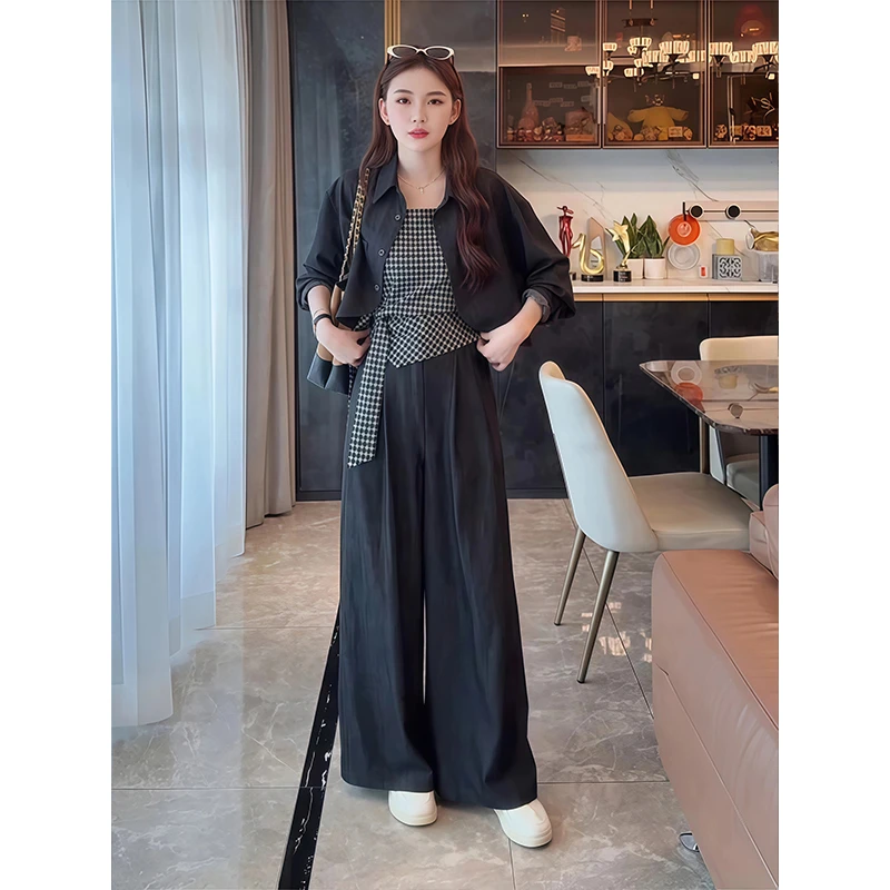 2025秋季新款韩系气质减龄长袖上衣格子吊带高腰阔腿长裤三件套女
