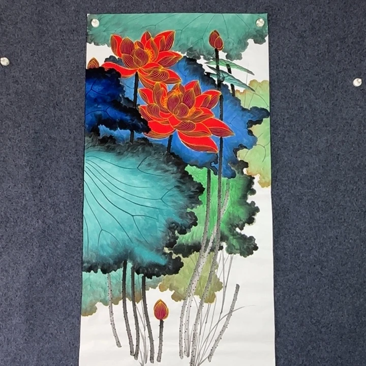 国画手绘国风荷花138*69