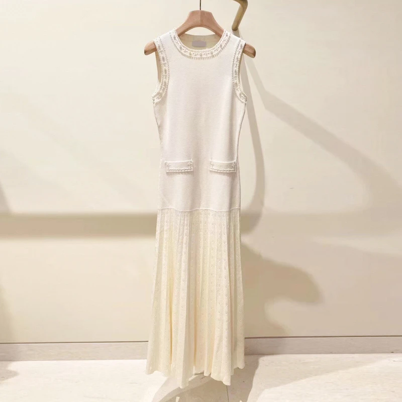 时尚轻奢优雅白色连衣裙长裙无袖夏季针织纯色长款气质设计师礼服