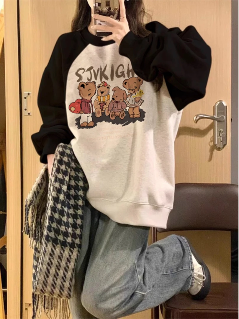 特大码2-300斤美式街头可爱小狗插肩袖卫衣男女秋冬加绒加厚长袖