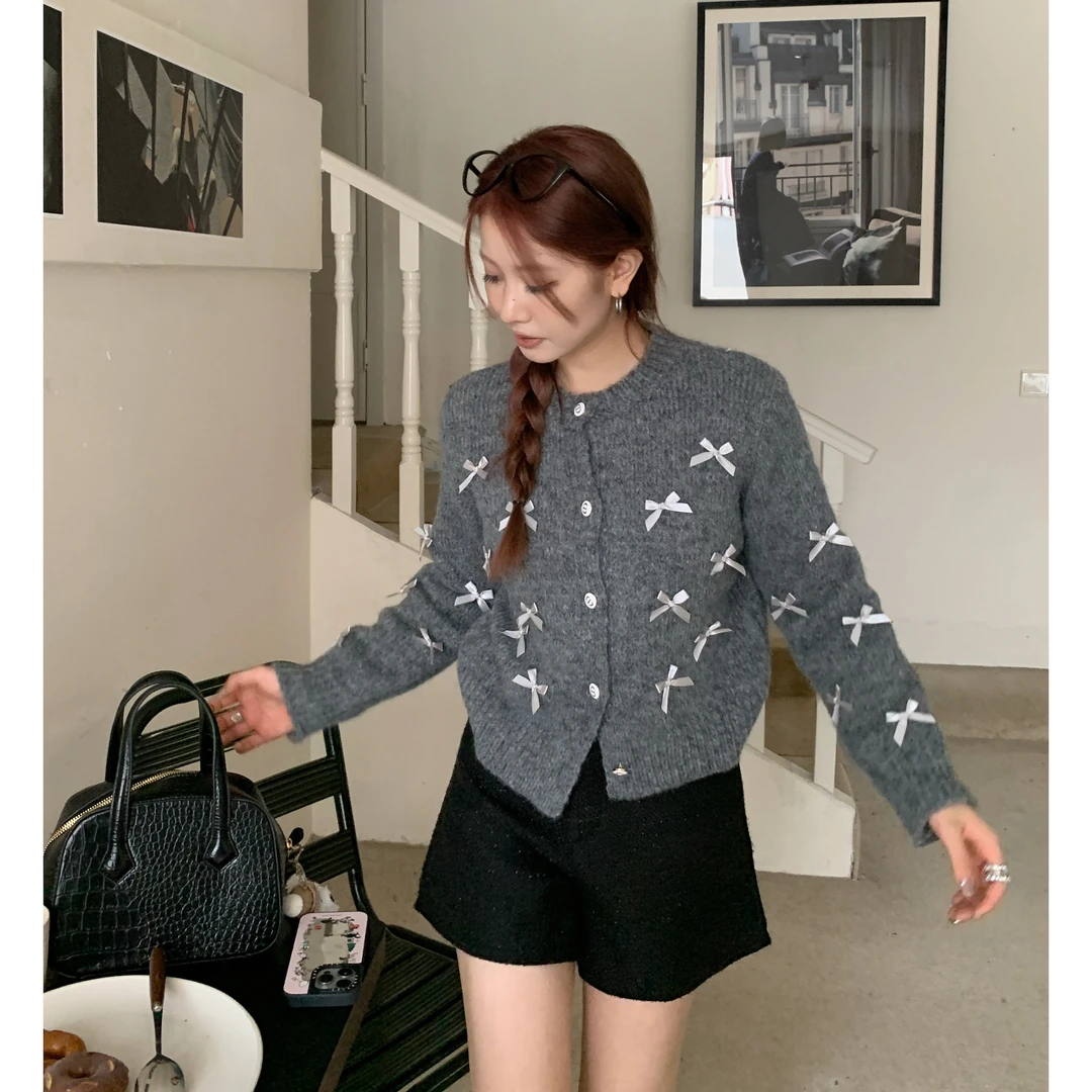 元气少女气质蝴蝶结针织开衫毛衣女小香风秋冬慵懒风圆领上衣