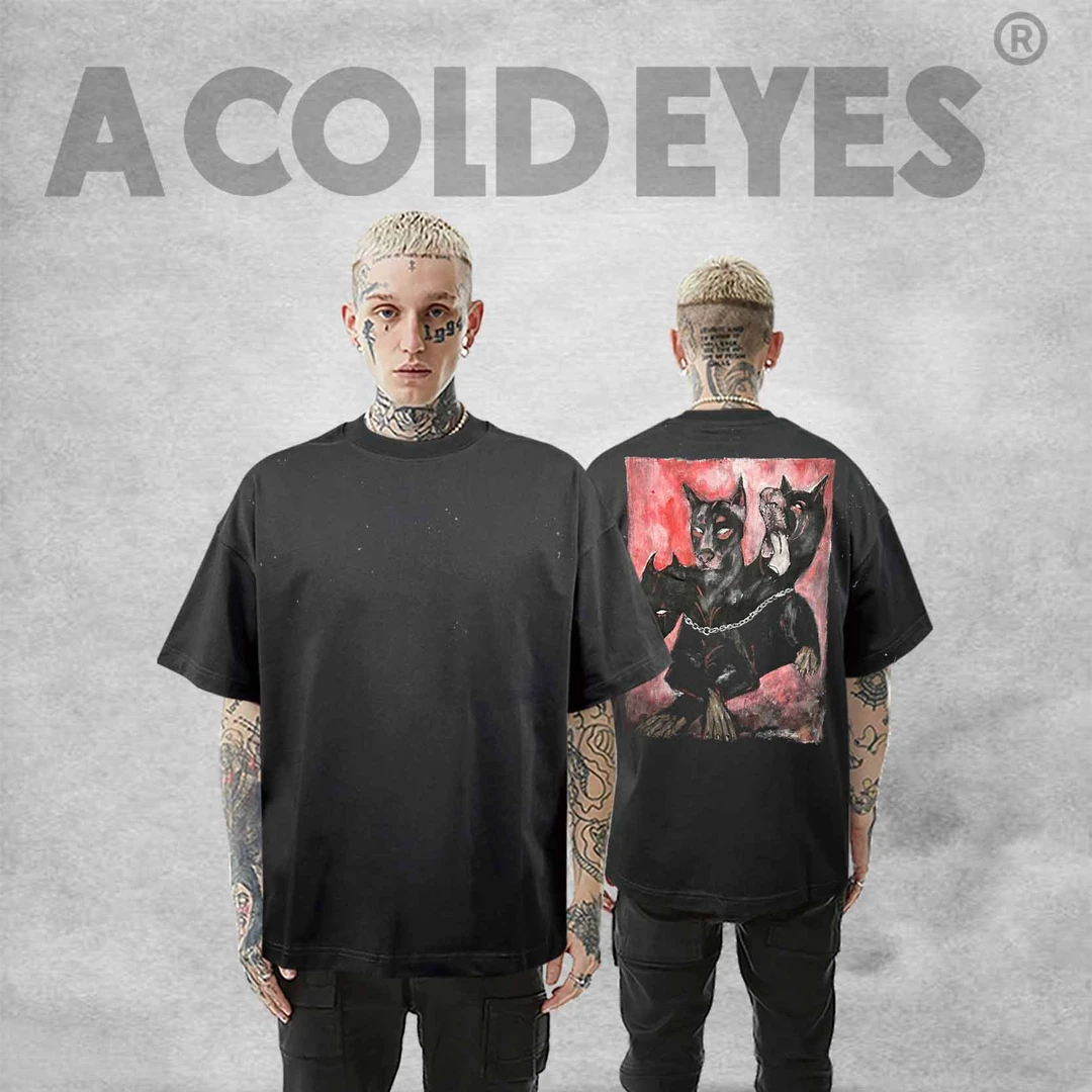 【冷目】纯棉地狱三头犬手绘重磅美式小领口宽松圆领短袖AC-2528T恤