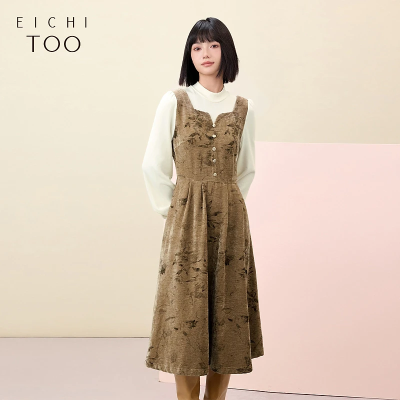 爱居兔女装冬季新中式假两件长袖连衣裙EQLCJ4P010A