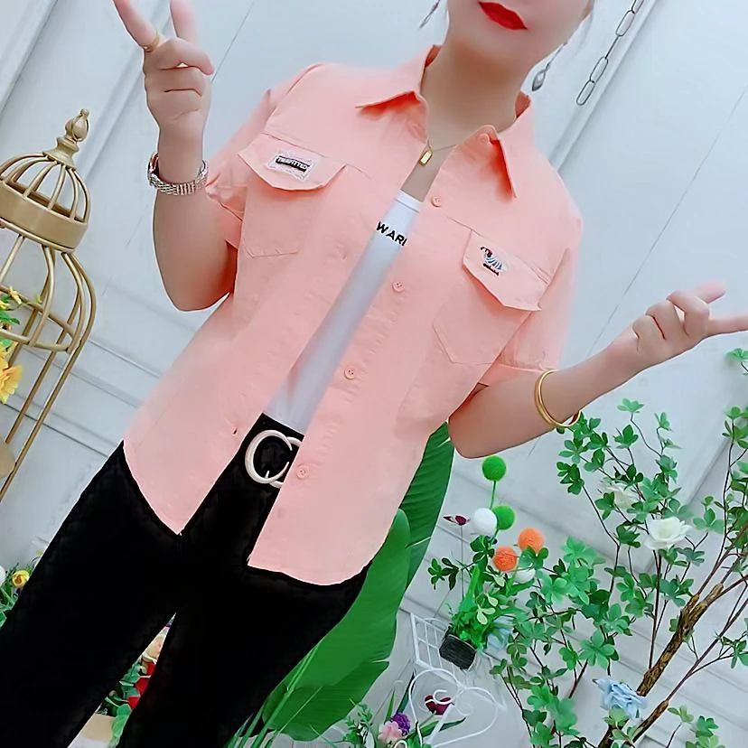 时尚修身刺绣短袖衬衫女夏季新款洋气小个子短款百搭显瘦潮流上衣