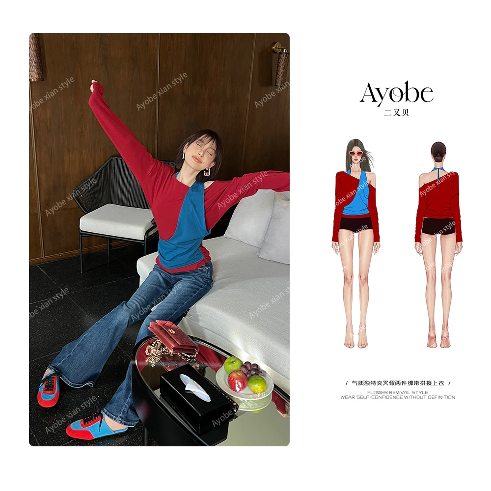 AYOBE原创设计师款/心动倒影  气质独特交叉假两件绑带拼接上衣