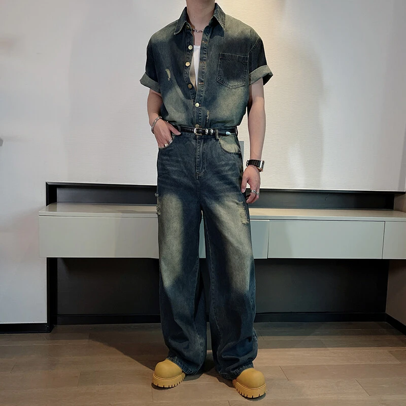 夏季新品美式复古水洗破洞短袖牛仔衬衫套装男痞帅休闲长裤