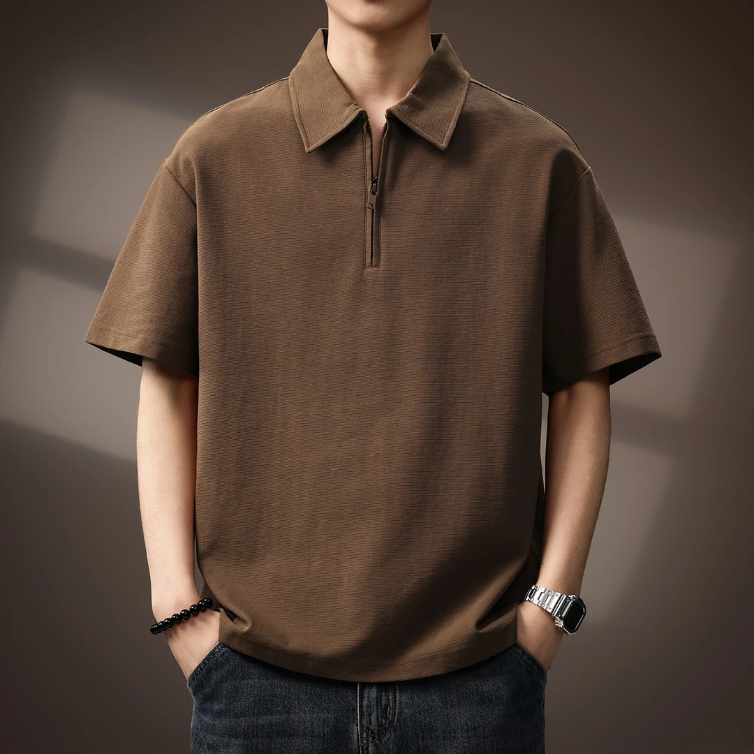 高端华夫格Polo衫短袖男夏季半拉链肌理感翻领五分袖T恤男款